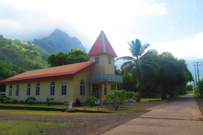 Atuona village church Hiva Oa Marquesas Islands French Polynesia