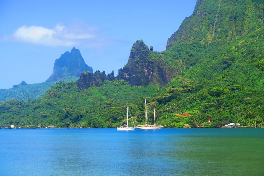 Boats in Bay with Mountains - Moorea - French Polynesia