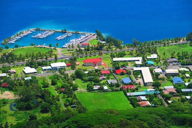 Mount Tapioi hike aerial view of Uturoa Raiatea Island French Polynesia