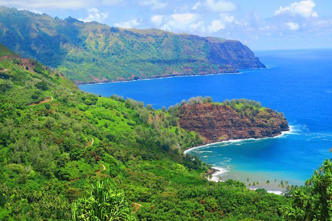 Road trip Hiva Oa Marquesas Islands French Polynesia bay and winding road