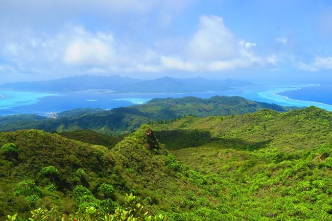 Temehani Plateau hike Raiatea Island French Polynesia panormaic view of tahaa and lagoon