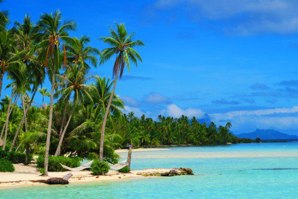 beautiful white sand beach on motu at le tahaa luxury resort french polynesia