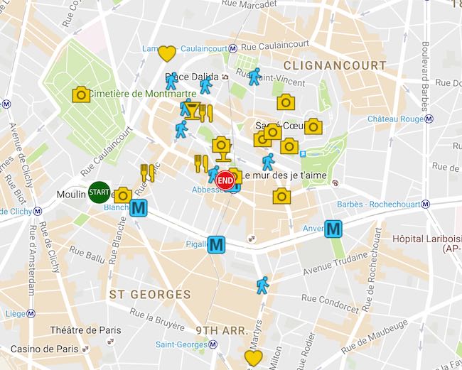 Montmartre Itinerary Map for Paris