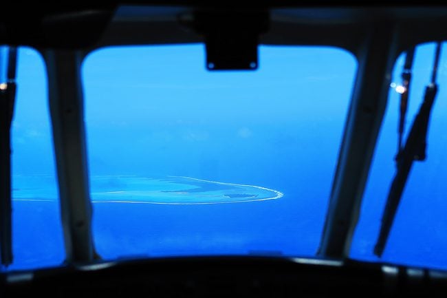 Aitutaki lagoon seen from plane in Cook Islands