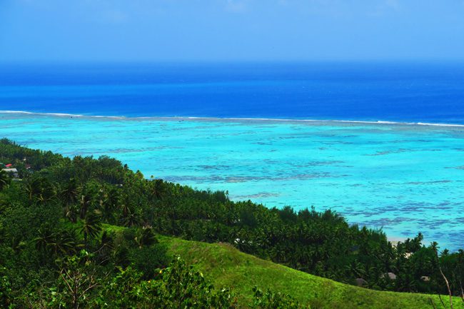 View of coral reef off Aitutaki from Mount Maungapu Cook Islands