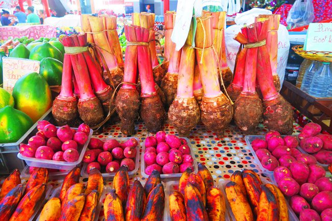 Taro and fruits at Papeet Market Tahiti French Polynesia