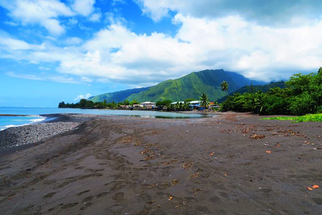 View of mountains from papara black sand beach Tahiti French Polynesia