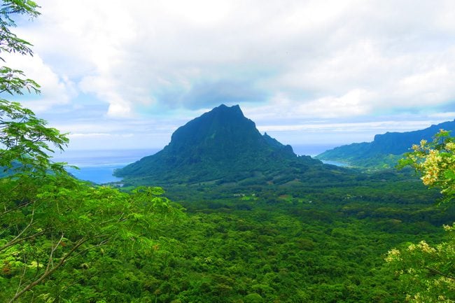 Three coconuts hike Moorea French Polynesia view of Mount Rotui and bays