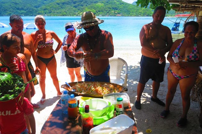 lagoon tour Huahine Island French Polynesia making poisson cru