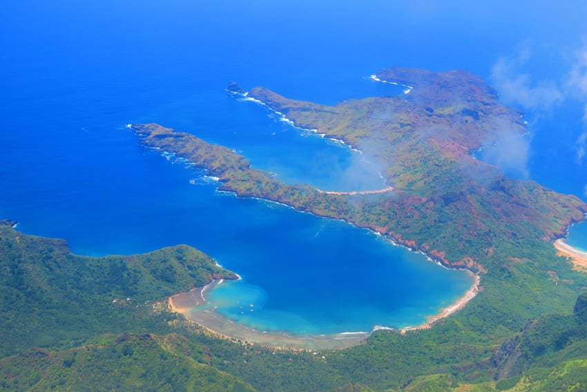 Anaho Bay aerial view Nuku Hiva French Polynesia