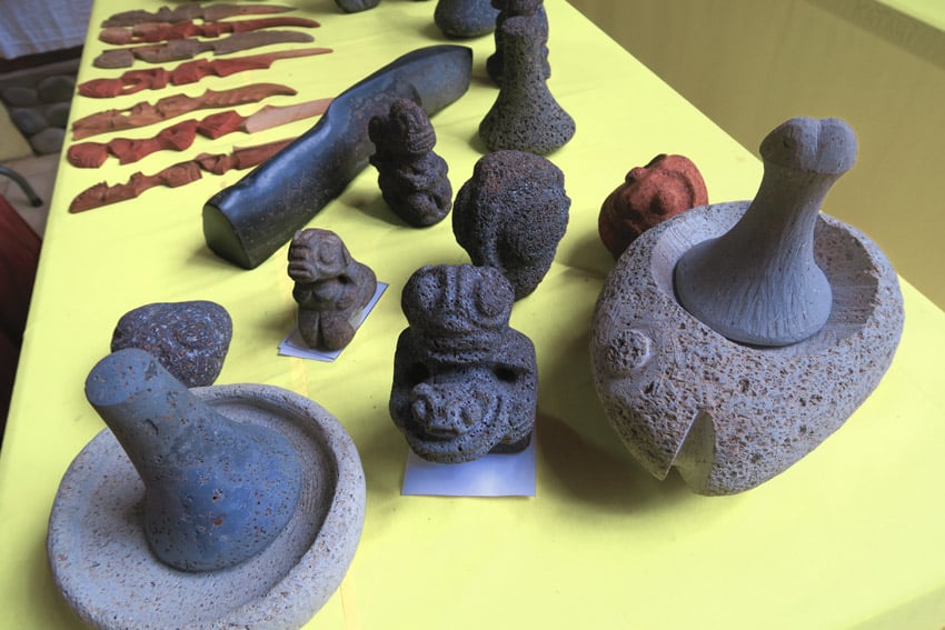 Marquesan basalt stone tools in artist market Hiva Oa French Polynesia