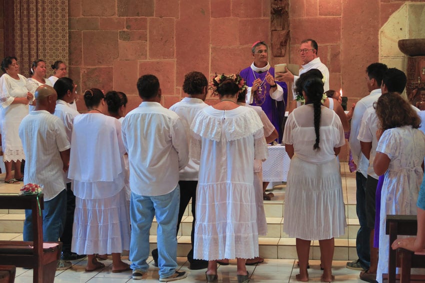 Sunday service in Notre Dame cathedral Nuku Hiva French Polynesia