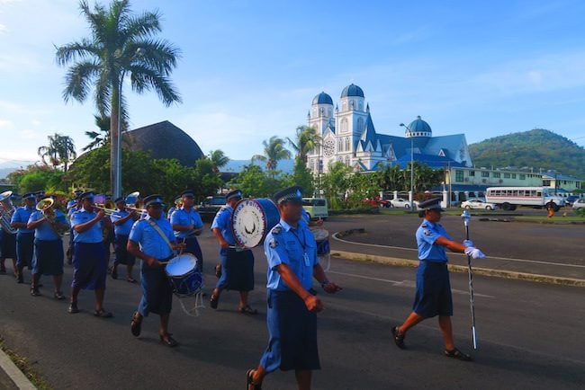 Samoa police band marching in apia