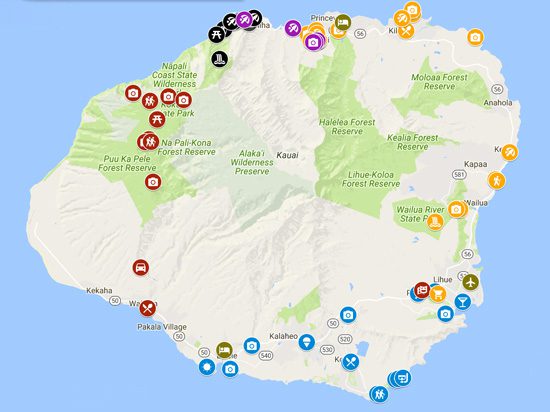5 Days in Kauai sample itinerary map - Hawaii