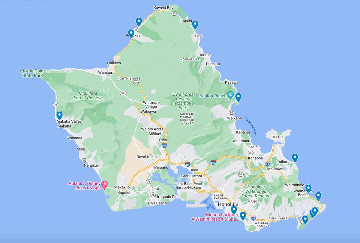 Map of the Best Beaches In Oahu