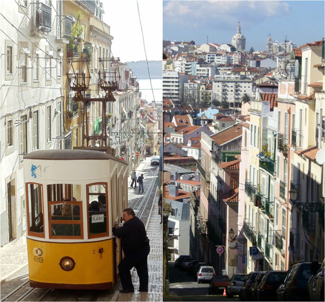 Tram and hills in Lisbon Portugal