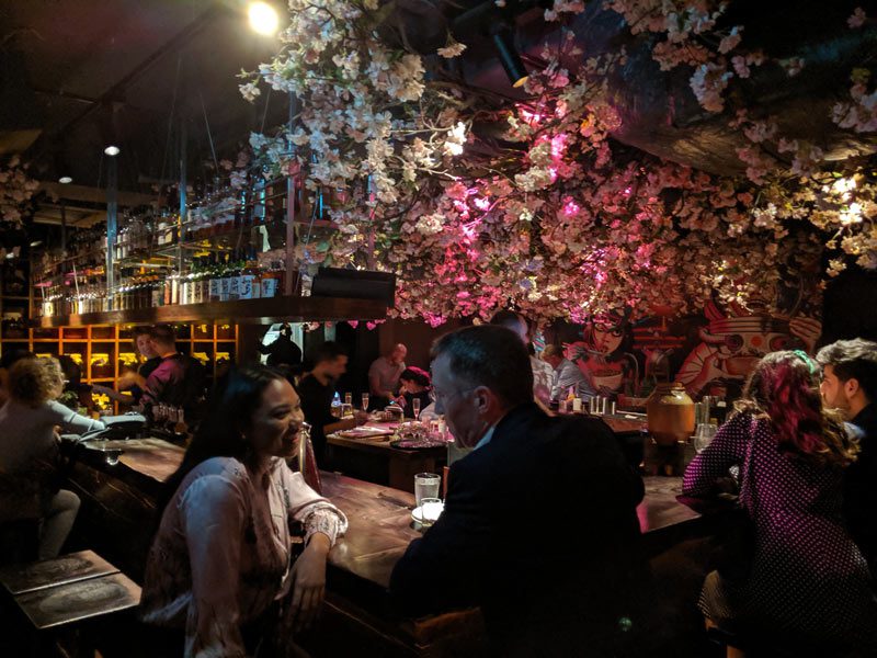 Roka London Restaurant - downtairs bar and cherry blossoms