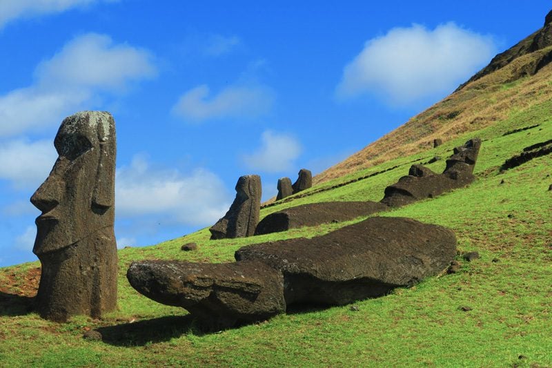 Moai statues toppled in Rano Raraku Querry Easter Island