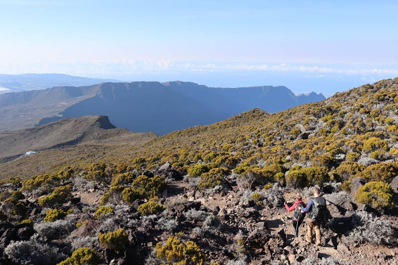 Hiking down from Piton des Neiges Summit - Reunion Island - overnight cabin