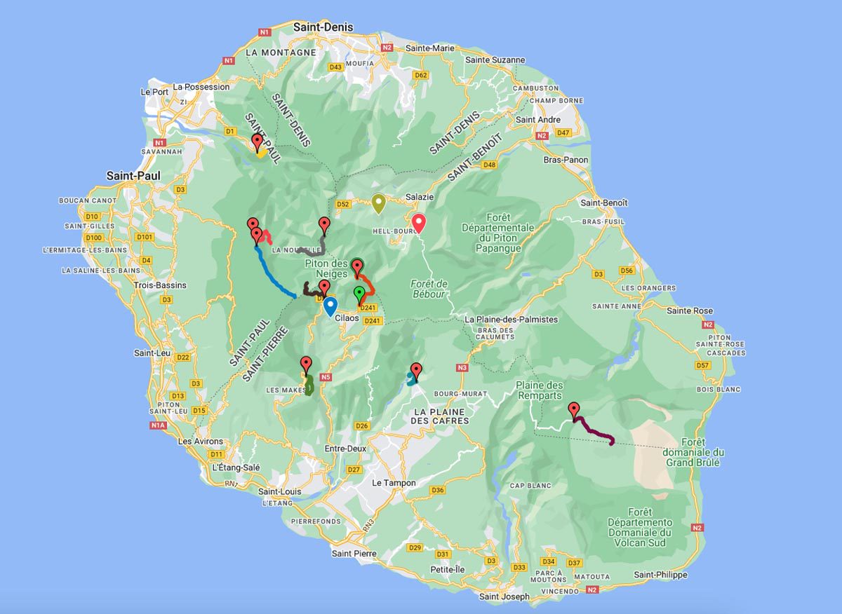 Map of the Best Hikes in Reunion Island 