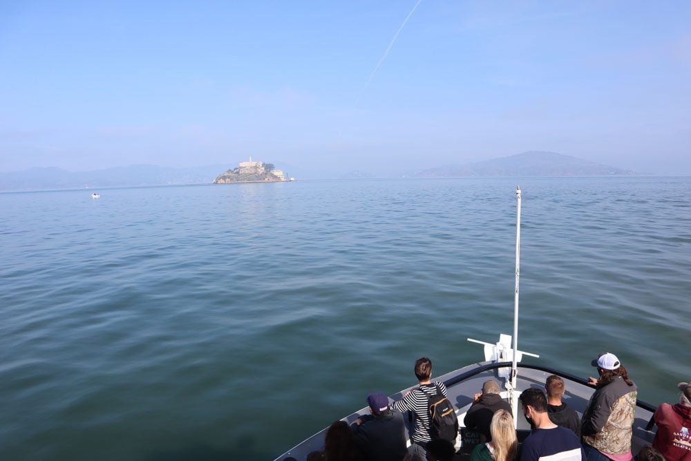 approaching alcatraz on boat from san francisco