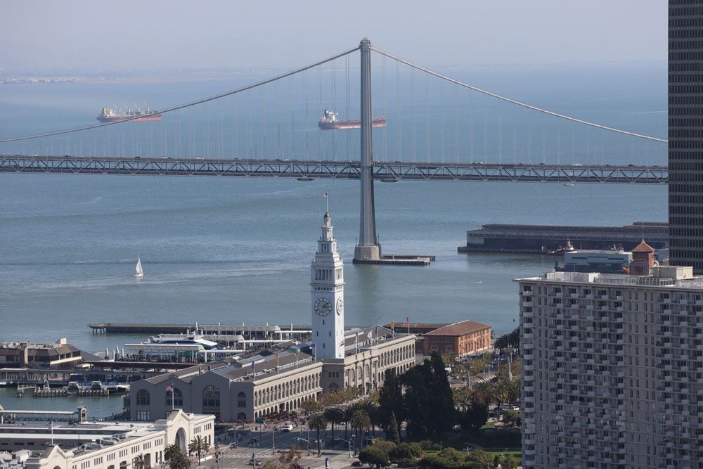 ferry terminal and bay bridge from top of coit tower san francisco