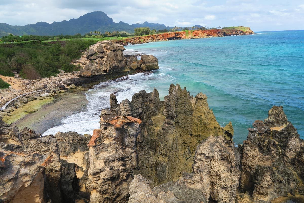Eroded sharp limestone sea cliffs - Maha'ulepu Heritage Trail - Kauai, Hawaii