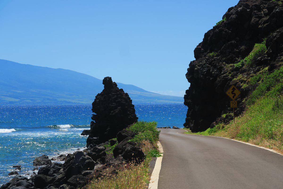 Scenic narrow coastal road in Molokai Hawaii
