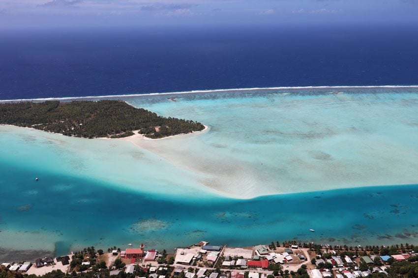 View of motu in Maupiti Mount Teurafaatiu hike - French Polynesia