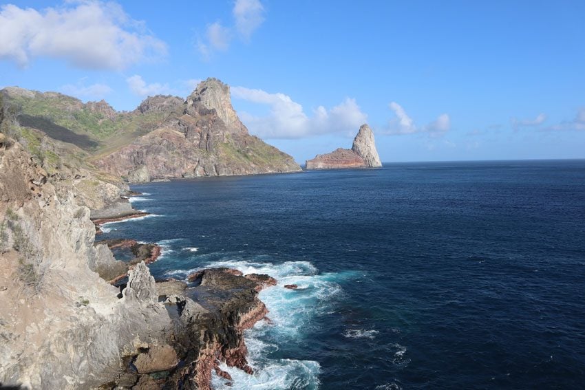 distant view of Cathedral Motu - Ua Pou - Marquesas Islands - French Polynesia