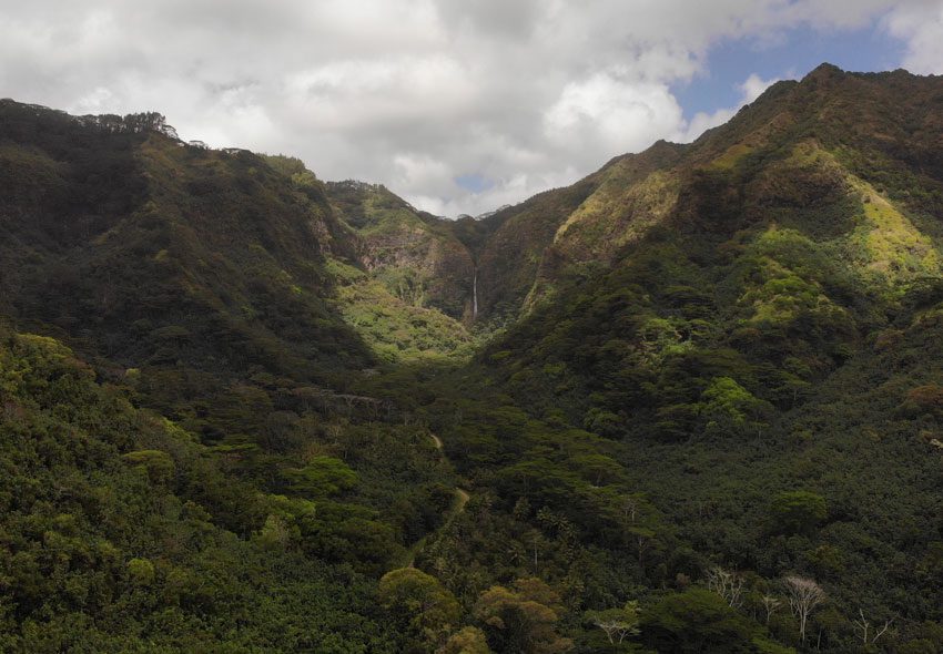 distant waterfall on road to Hatiheu - nuku hiva - marquesas islands - french polynesia