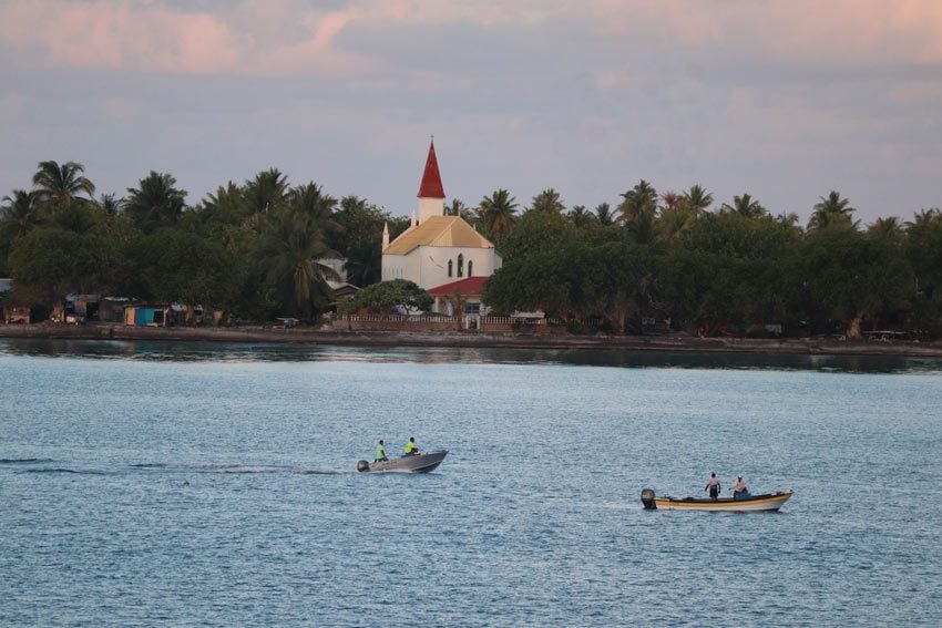 View of Tiputa Village from lagoon Rangiroa French Polynesia