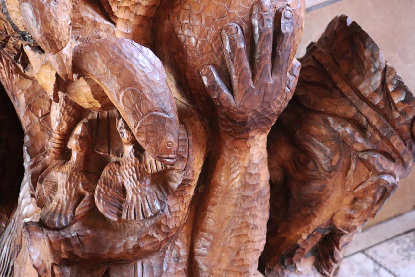 Wood sculpture in Catholic church Ua Pou Marquesas Islands French Polynesia