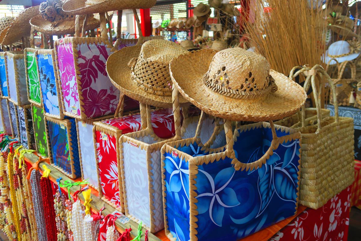 Woven hats and bags at the Papeete Market - Tahiti