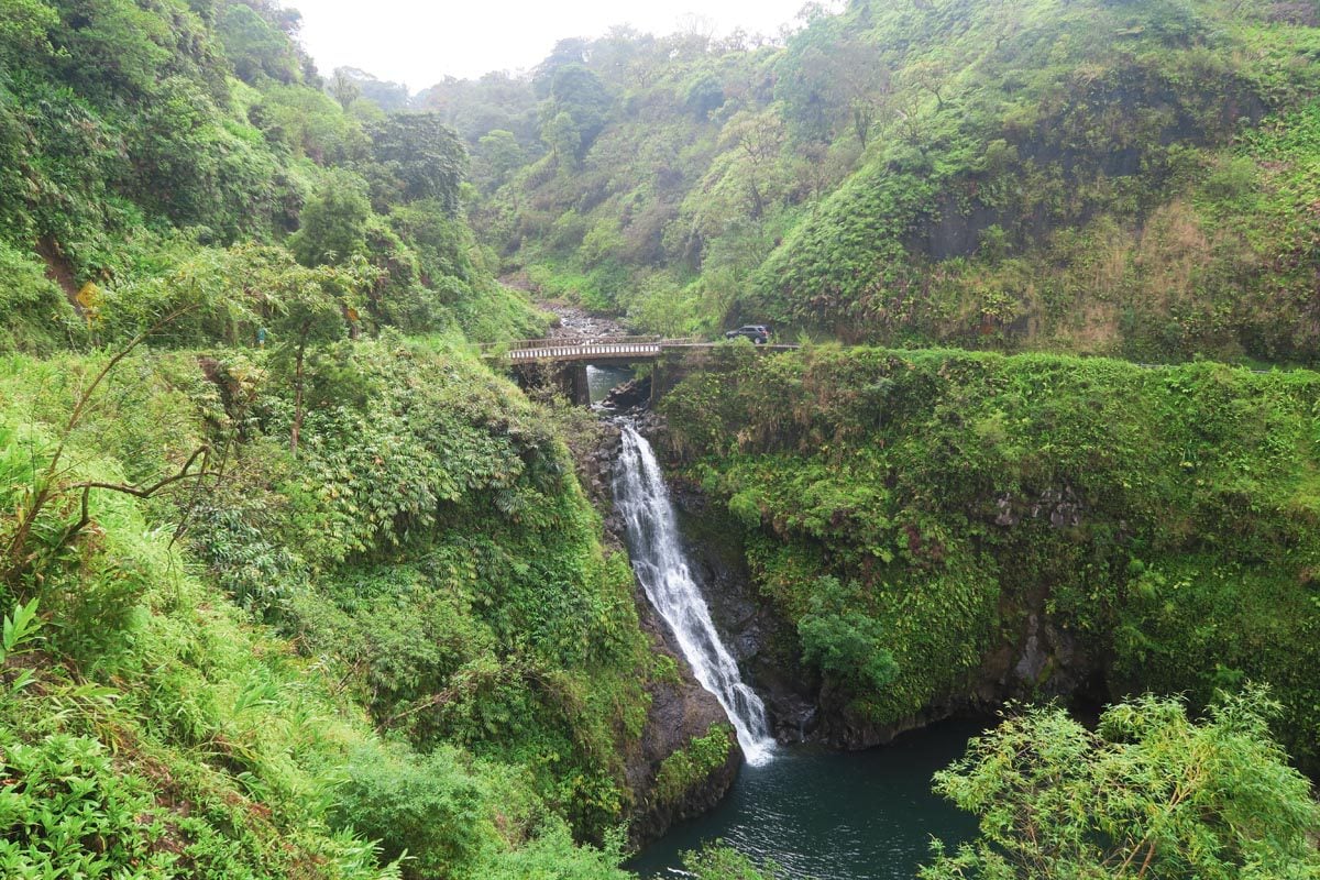 Bridge and waterfall on the Road to Hana - Maui