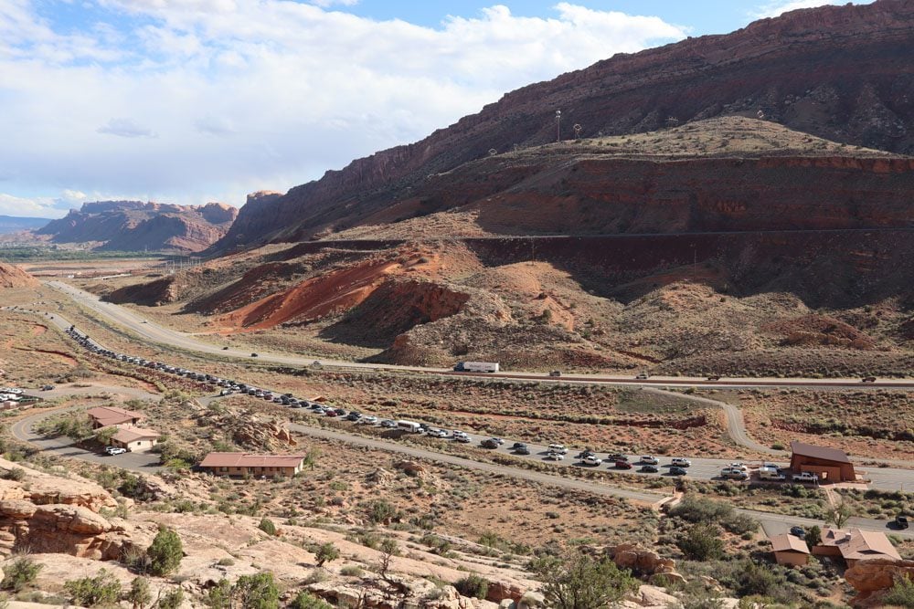 Line of cars to enter arches national park - utah
