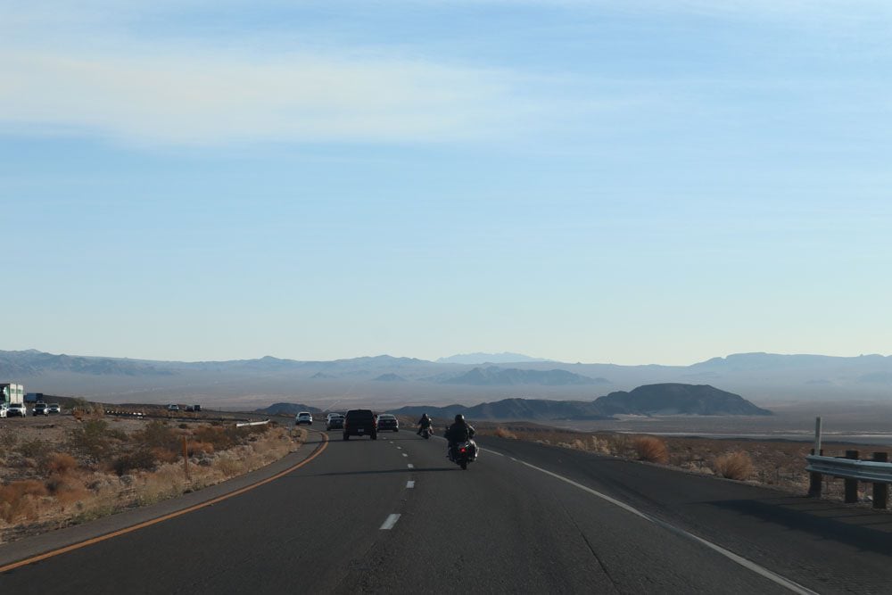 bikers on desert interstate 15