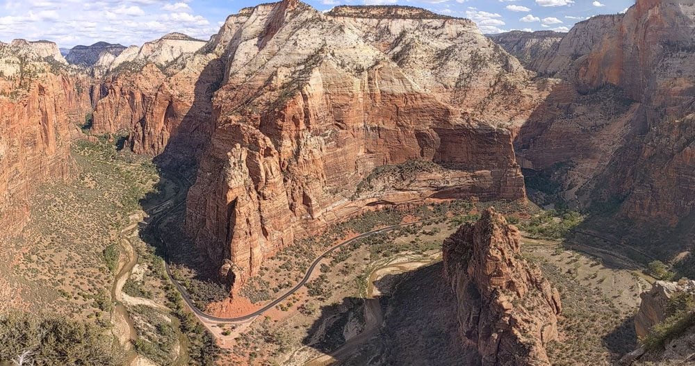 panoramic view of zion valley from angles landing trail