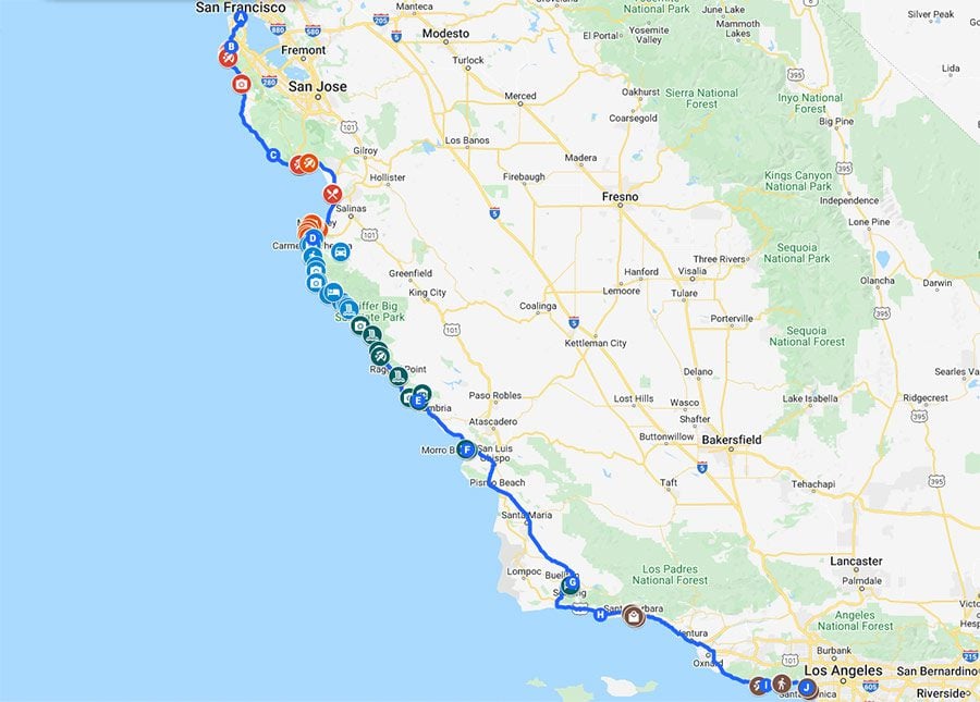 Pacific Coast Highway Itinerary San Francisco To Los Angeles map