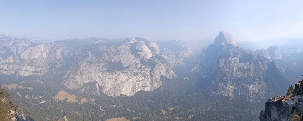Panoramic view of Half Dome and Yosemite Valley from Glacier Point