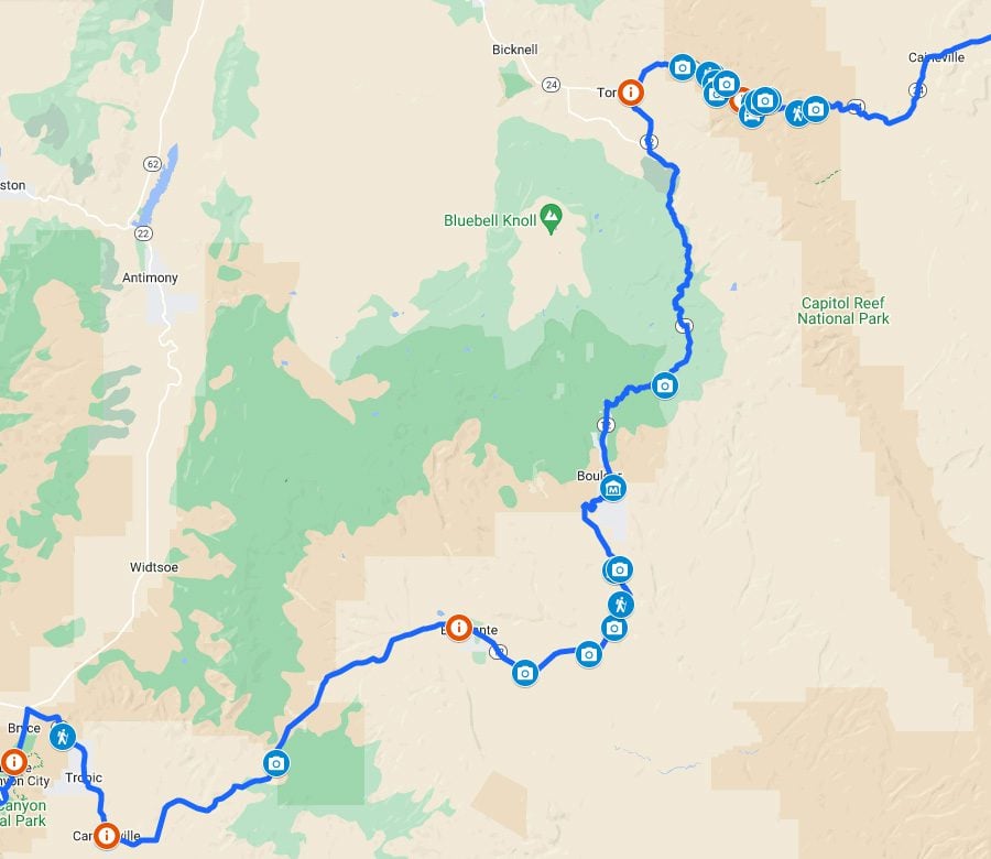 Bryce Canyon to Arches NP Road Trip Map
