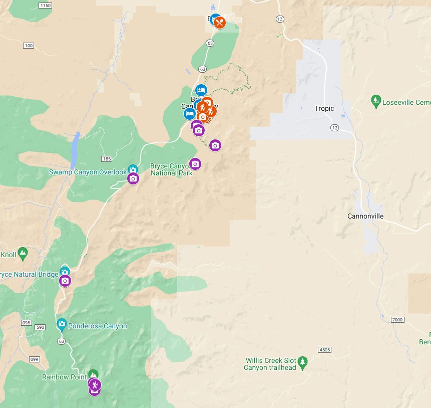 One Day in Bryce Canyon Itinerary Map