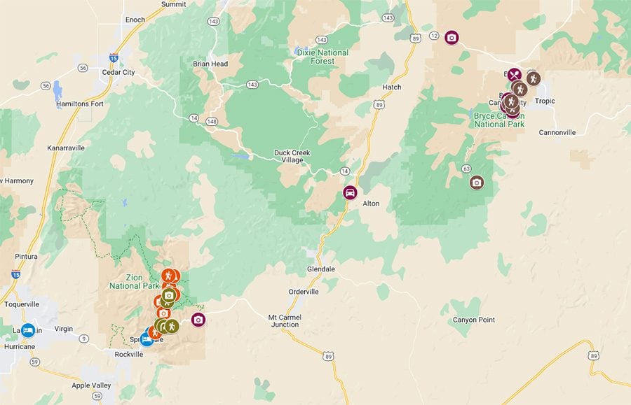 Zion and Bryce Canyon Itinerary Map