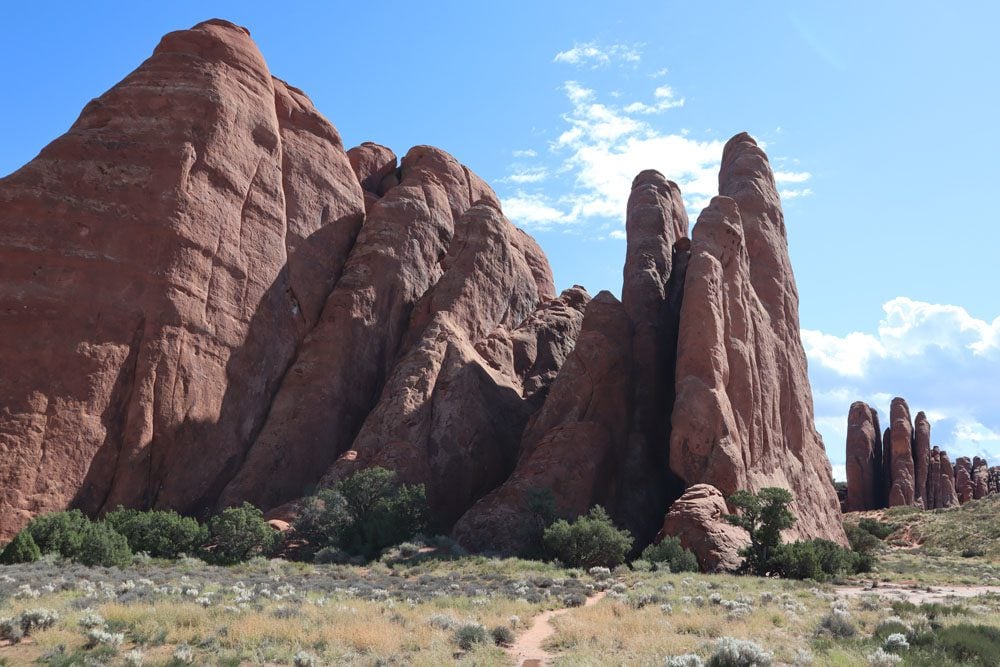 Tall sandstone rock fins in Sand Dune Arch Trail - Arches National Park