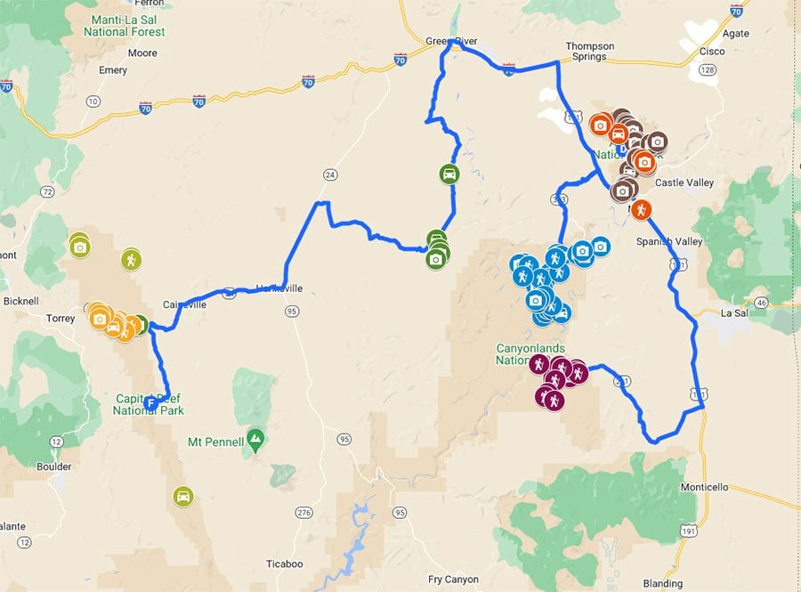 Canyonlands to Capitol Reef Itinerary Map