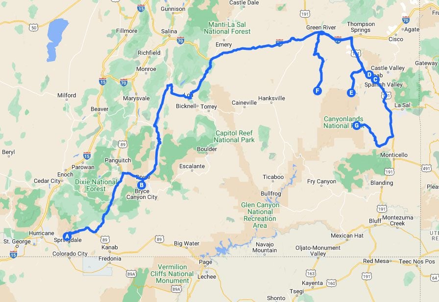 Utah Road Trip itinerary driving map