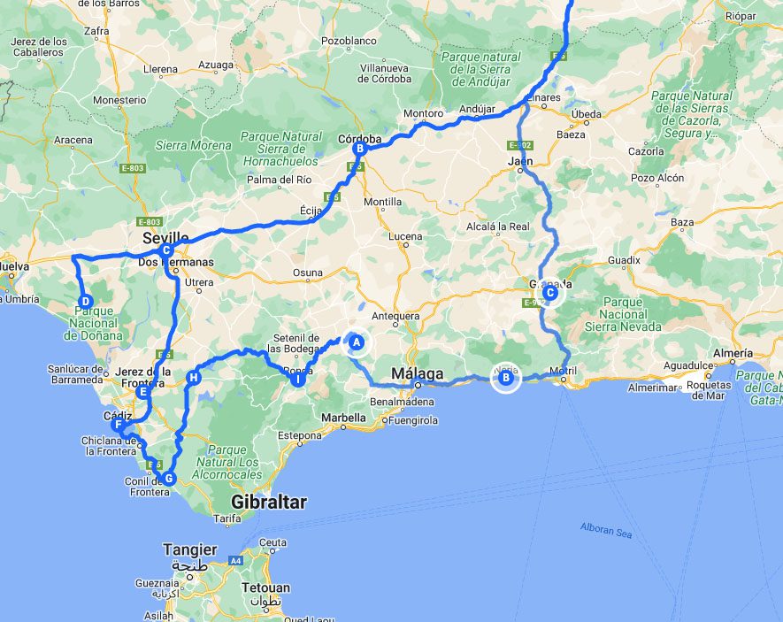 Road trip map southern spain andalusia