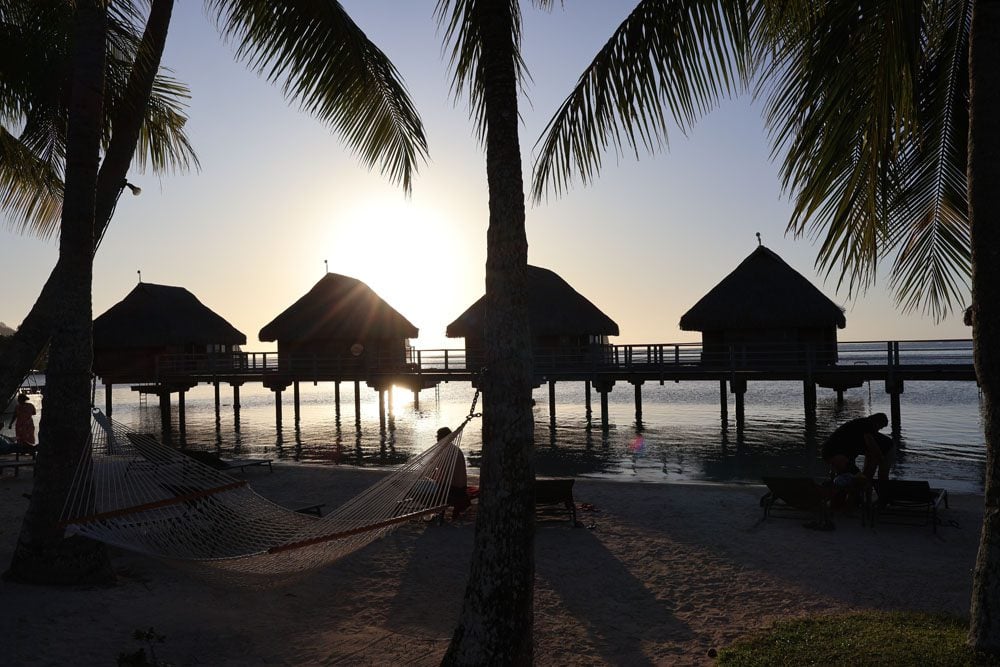 Sunset in Moorea - overwater bungalows in Manava resort - French Polynesia