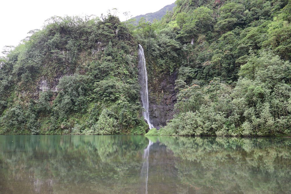 Waterfall and reflection in Papenoo Valley hydro dam - Tahiti - French Polynesia