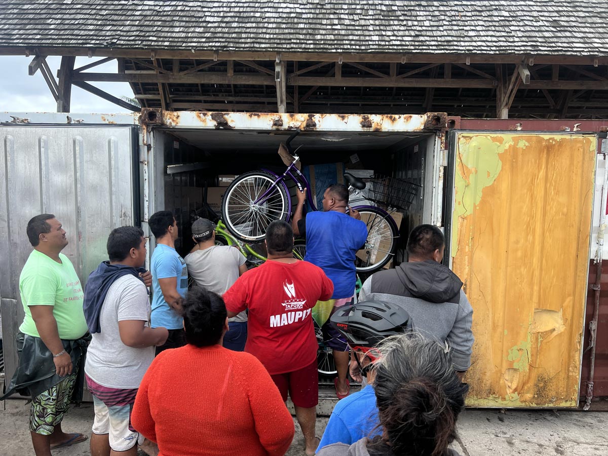 Cargo ship day in Maupiti - French Polynesia - bicycle in container